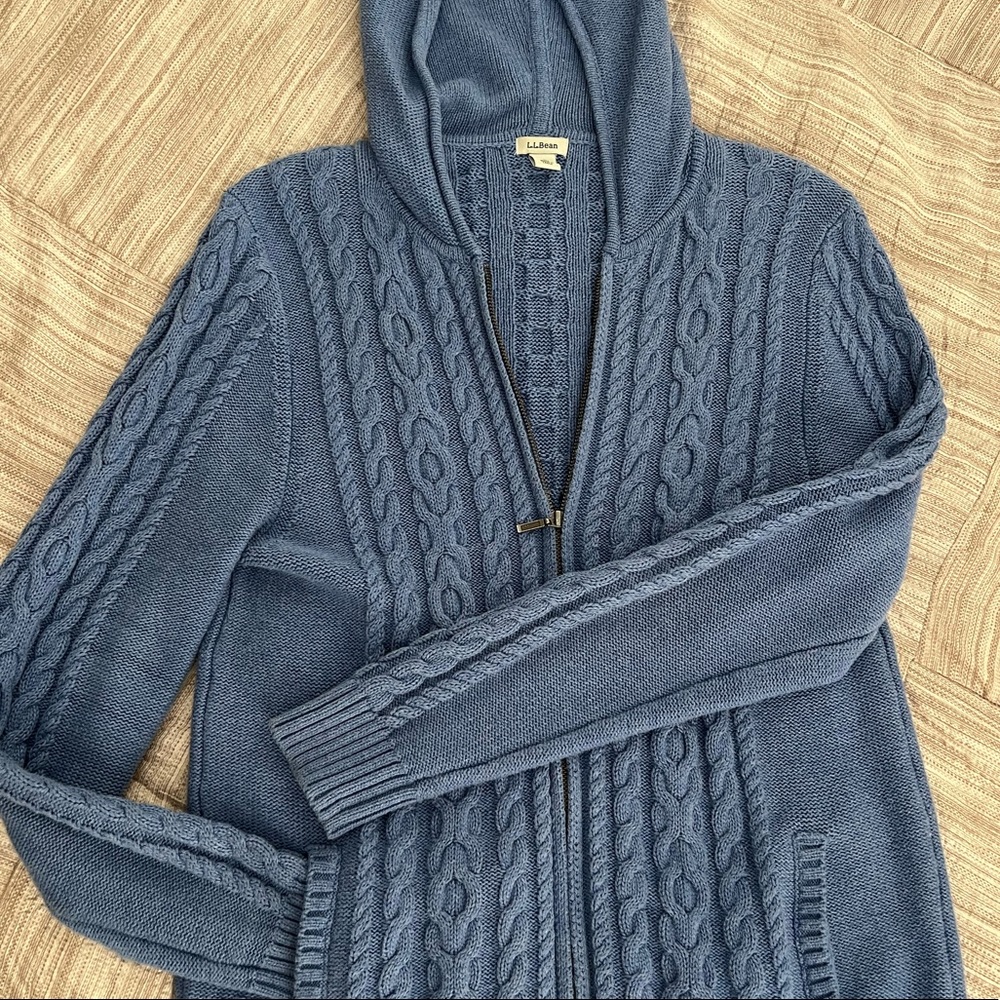 L L Bean Women’s Cable Knit Hooded Zippered Cardigan Sweater Peacock Blue Size L